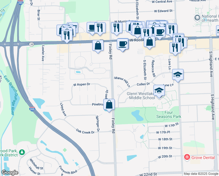 map of restaurants, bars, coffee shops, grocery stores, and more near 535 Aspen Drive in Lombard