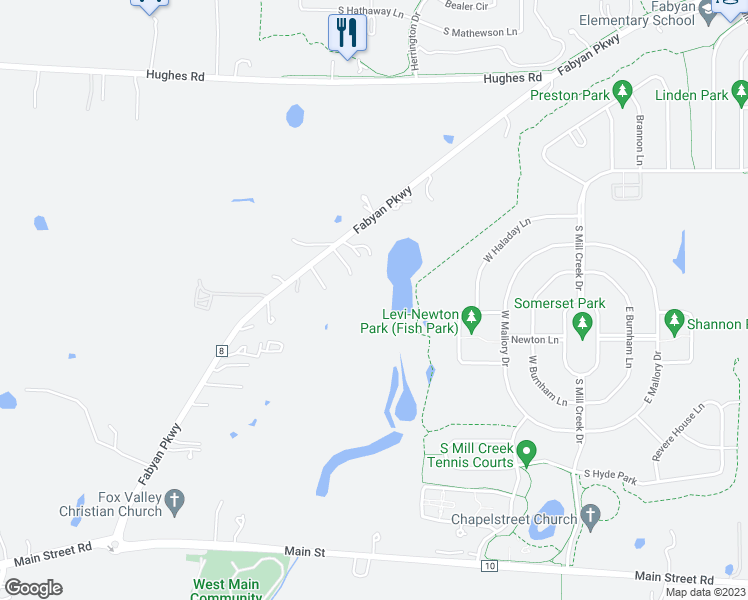 map of restaurants, bars, coffee shops, grocery stores, and more near 39W805 Fabyan Parkway in Elburn