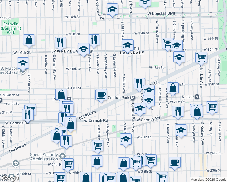 map of restaurants, bars, coffee shops, grocery stores, and more near 1908 South Lawndale Avenue in Chicago