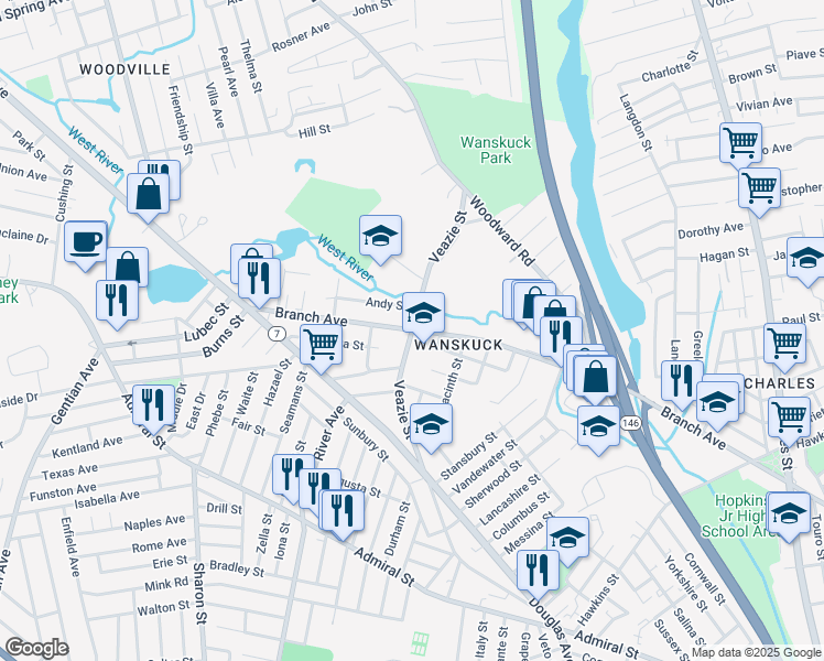 map of restaurants, bars, coffee shops, grocery stores, and more near Veazie St & Branch Ave in Providence