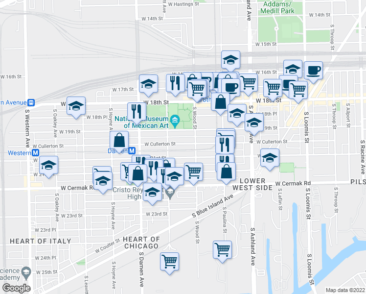 map of restaurants, bars, coffee shops, grocery stores, and more near 1822 West 21st Street in Chicago