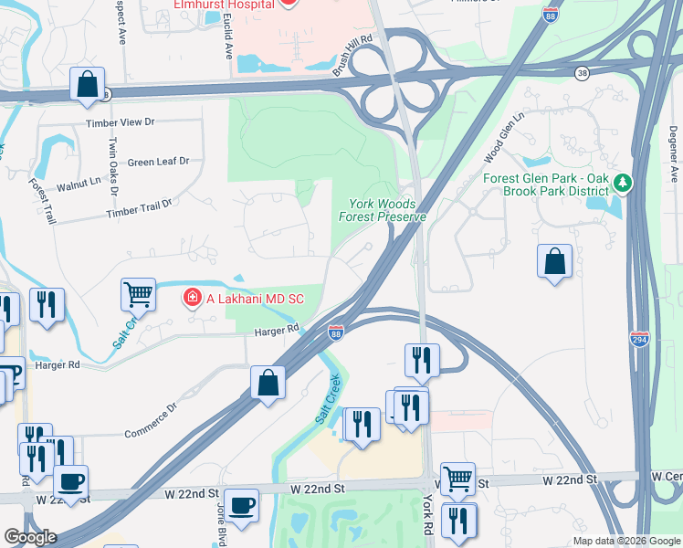 map of restaurants, bars, coffee shops, grocery stores, and more near 2 Yorkshire Woods in Oak Brook