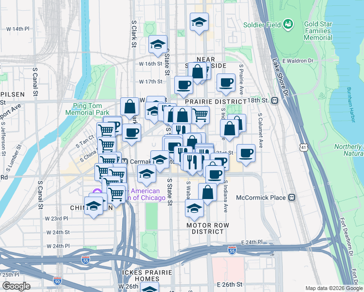 map of restaurants, bars, coffee shops, grocery stores, and more near 2031 South Wabash Avenue in Chicago