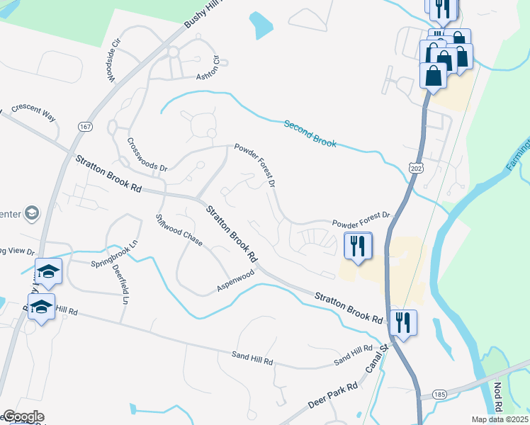 map of restaurants, bars, coffee shops, grocery stores, and more near 300 Highcroft Place in Simsbury