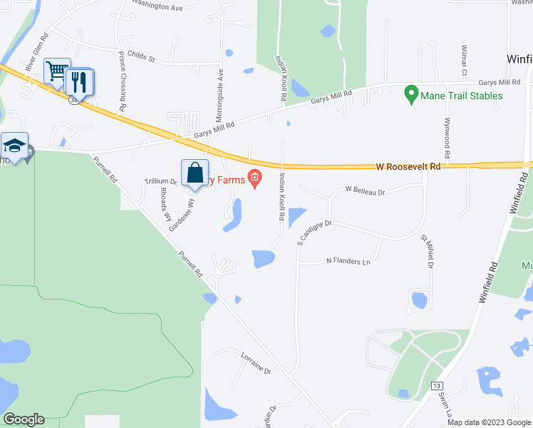 map of restaurants, bars, coffee shops, grocery stores, and more near 1S120 Indian Knoll Road in Winfield