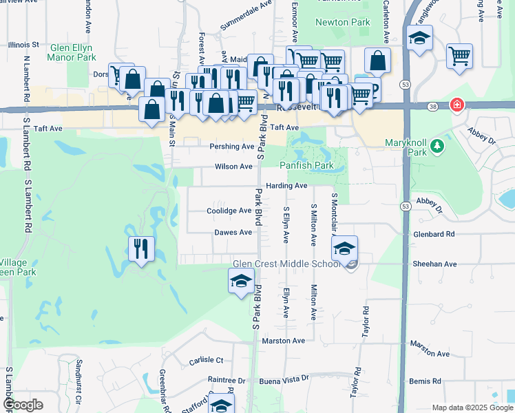 map of restaurants, bars, coffee shops, grocery stores, and more near 120 South Park Boulevard in Glen Ellyn