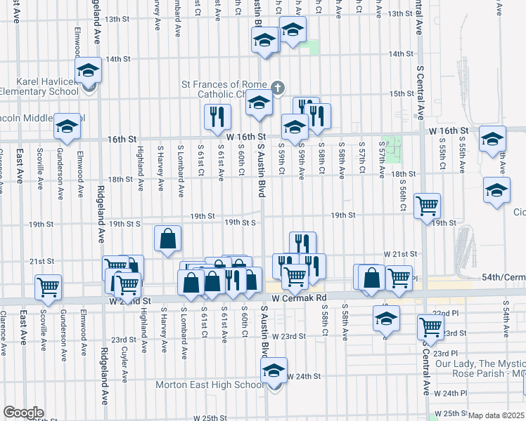map of restaurants, bars, coffee shops, grocery stores, and more near S Austin Blvd & 19th St in Cicero