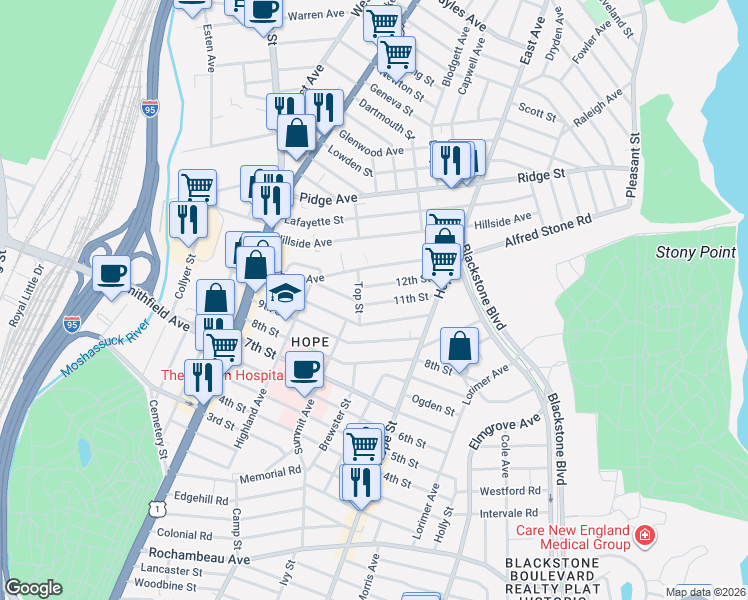 map of restaurants, bars, coffee shops, grocery stores, and more near 57 11th Street in Providence