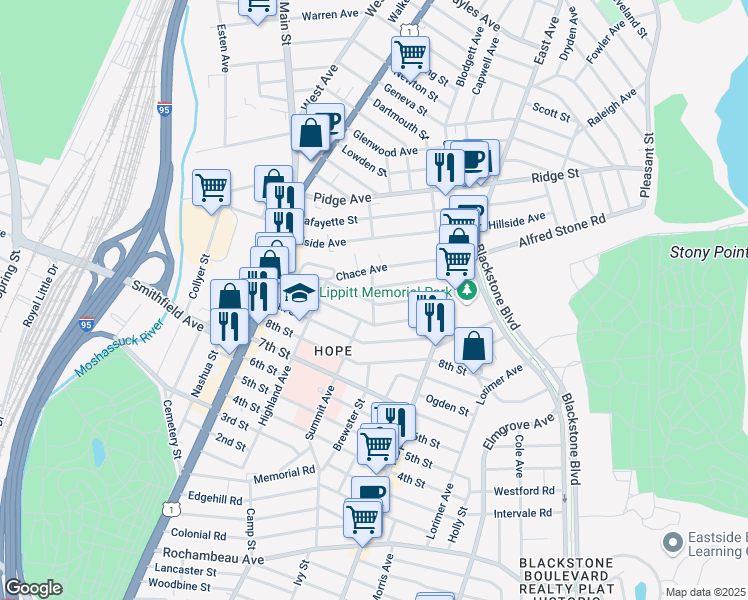 map of restaurants, bars, coffee shops, grocery stores, and more near 57 11th Street in Providence