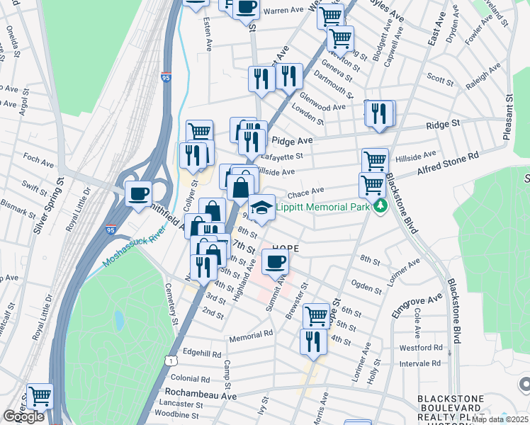 map of restaurants, bars, coffee shops, grocery stores, and more near 46 9th Street in Providence