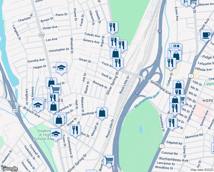 map of restaurants, bars, coffee shops, grocery stores, and more near 414 Silver Spring Street in Providence