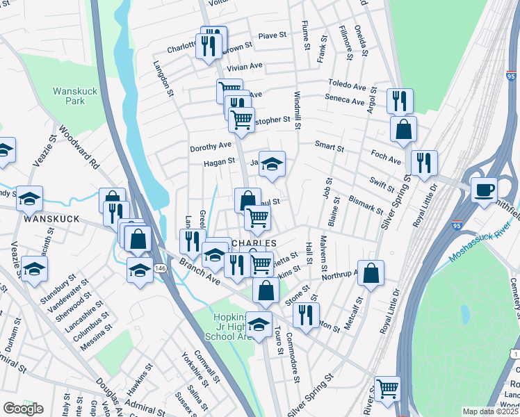 map of restaurants, bars, coffee shops, grocery stores, and more near 32 Peter Street in Providence