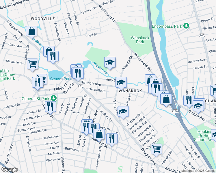 map of restaurants, bars, coffee shops, grocery stores, and more near 31 Henrietta Street in Providence