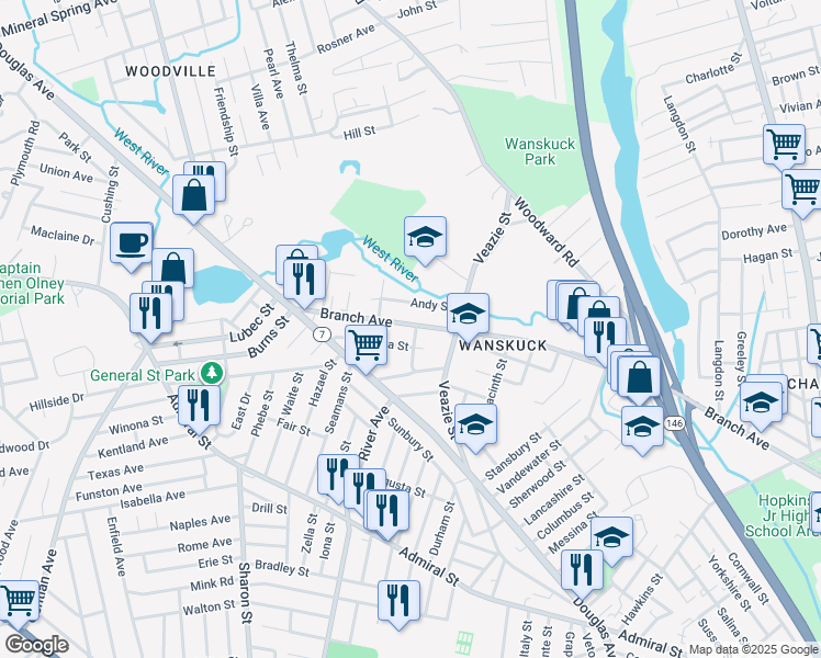 map of restaurants, bars, coffee shops, grocery stores, and more near 31 Henrietta Street in Providence