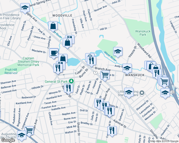 map of restaurants, bars, coffee shops, grocery stores, and more near 12 Atlas Street in Providence