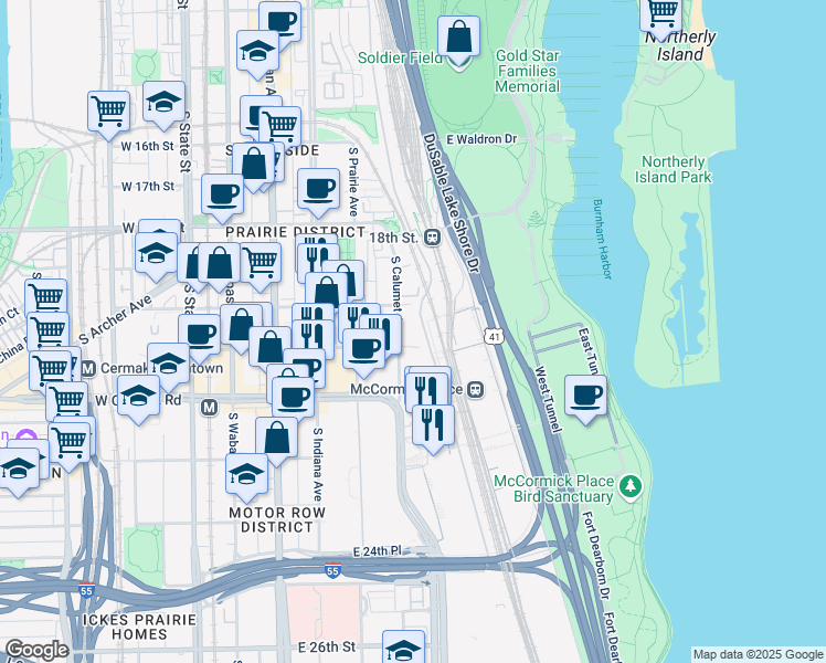 map of restaurants, bars, coffee shops, grocery stores, and more near 2050 South King Drive in Chicago