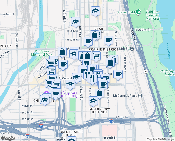 map of restaurants, bars, coffee shops, grocery stores, and more near 2031 South Wabash Avenue in Chicago