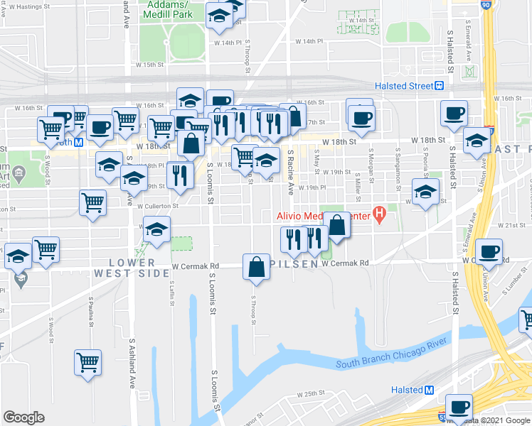 map of restaurants, bars, coffee shops, grocery stores, and more near 2023 South Throop Street in Chicago
