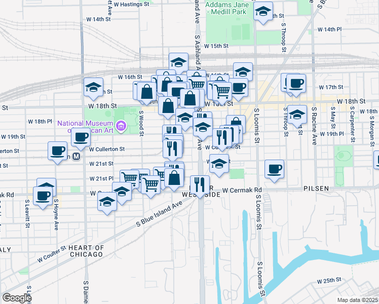 map of restaurants, bars, coffee shops, grocery stores, and more near 1632 West 21st Street in Chicago