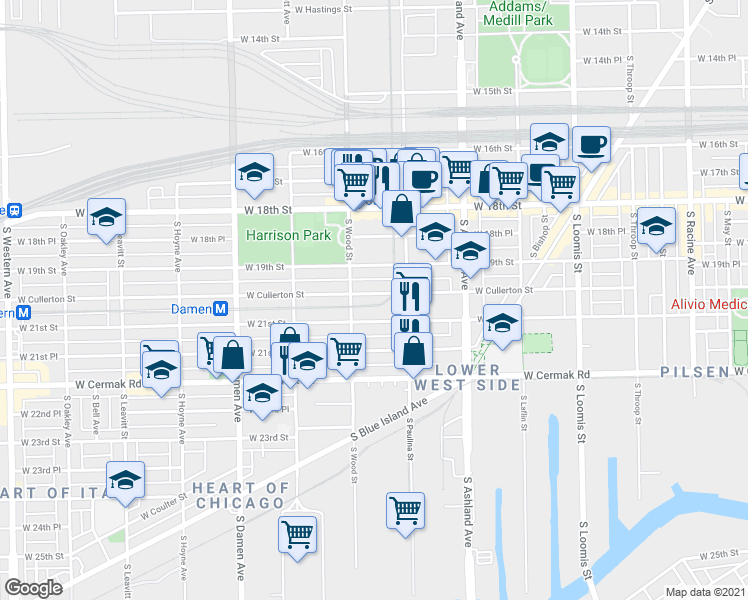 map of restaurants, bars, coffee shops, grocery stores, and more near 1748 West 21st Street in Chicago