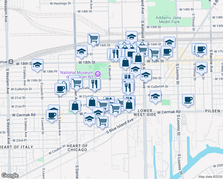 map of restaurants, bars, coffee shops, grocery stores, and more near 1748 West 21st Street in Chicago