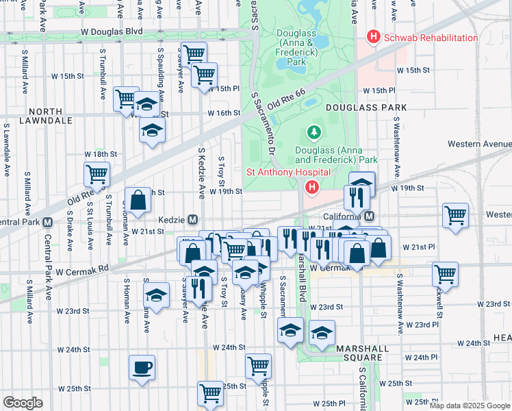 map of restaurants, bars, coffee shops, grocery stores, and more near 3045 West Cullerton Street in Chicago