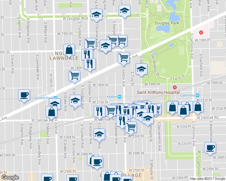 map of restaurants, bars, coffee shops, grocery stores, and more near 1931 South Sawyer Avenue in Chicago