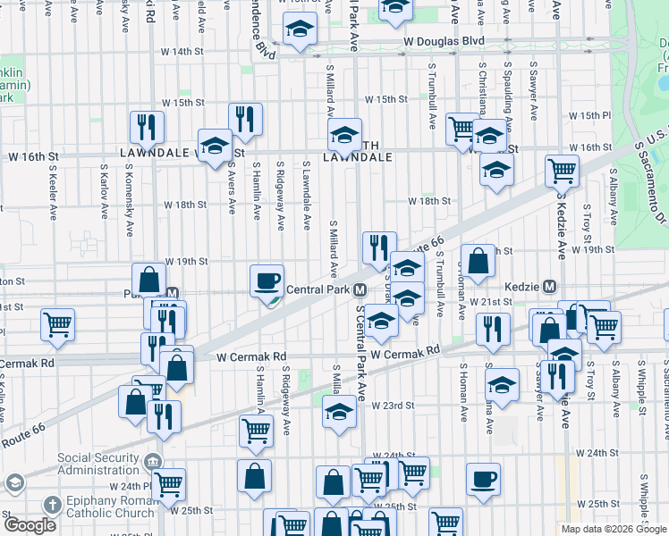 map of restaurants, bars, coffee shops, grocery stores, and more near 1919 South Lawndale Avenue in Chicago