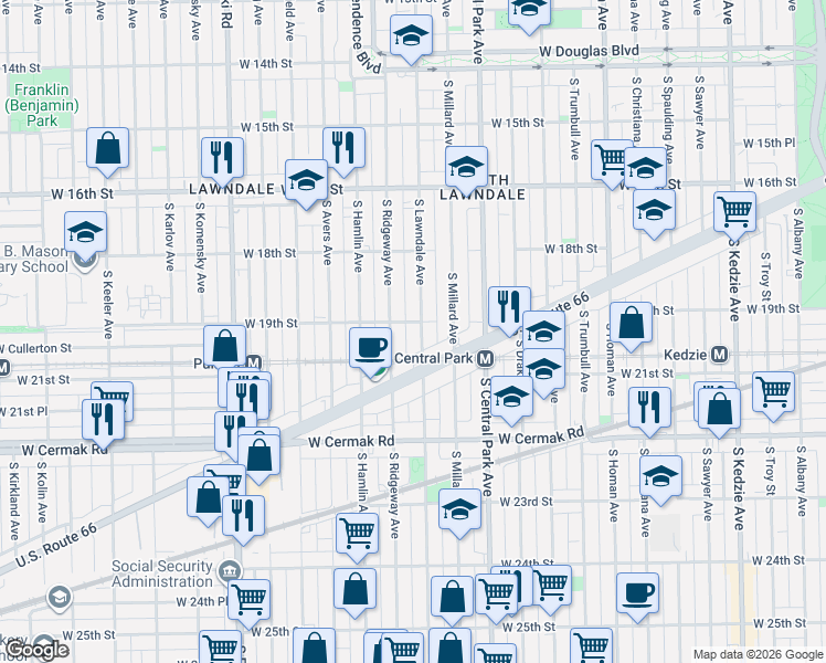map of restaurants, bars, coffee shops, grocery stores, and more near 1917 South Ridgeway Avenue in Chicago