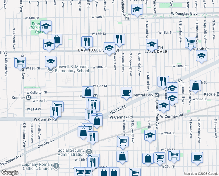 map of restaurants, bars, coffee shops, grocery stores, and more near 1916 South Avers Avenue in Chicago