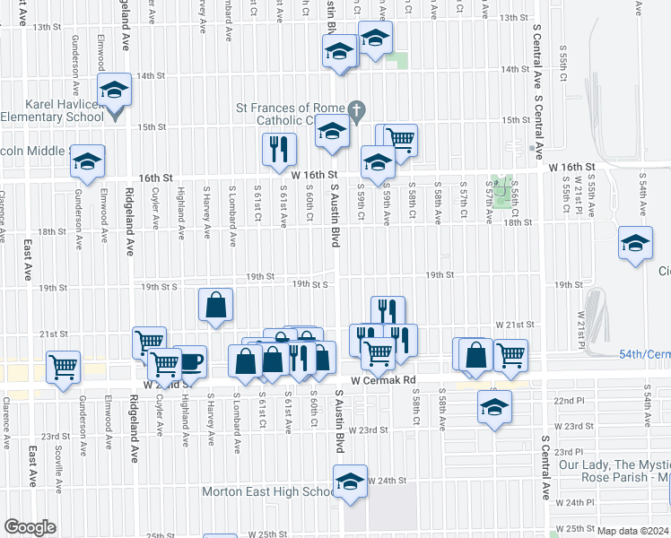 map of restaurants, bars, coffee shops, grocery stores, and more near 1840 South Austin Boulevard in Cicero