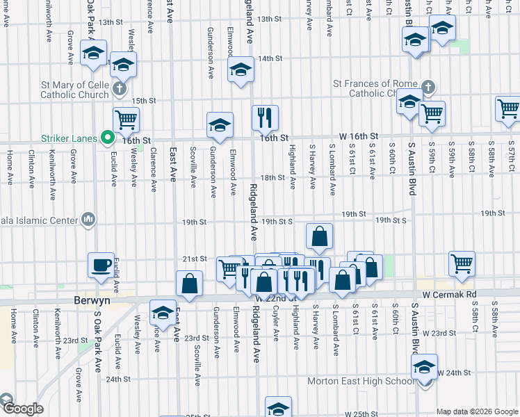 map of restaurants, bars, coffee shops, grocery stores, and more near 1848 Cuyler Avenue in Berwyn