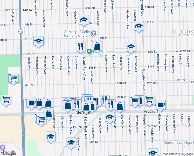 map of restaurants, bars, coffee shops, grocery stores, and more near 1843 Euclid Avenue in Berwyn
