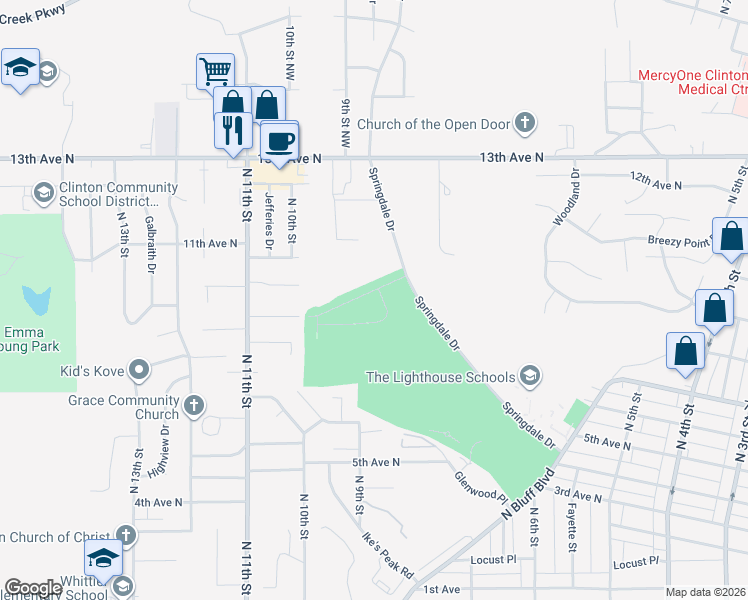 map of restaurants, bars, coffee shops, grocery stores, and more near 700-794 Springdale Drive in Clinton