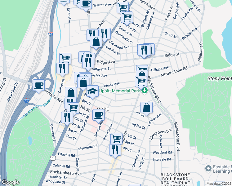 map of restaurants, bars, coffee shops, grocery stores, and more near 57 11th Street in Providence