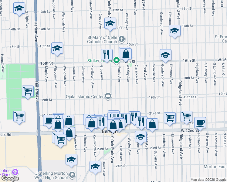map of restaurants, bars, coffee shops, grocery stores, and more near 1833 South Oak Park Avenue in Berwyn