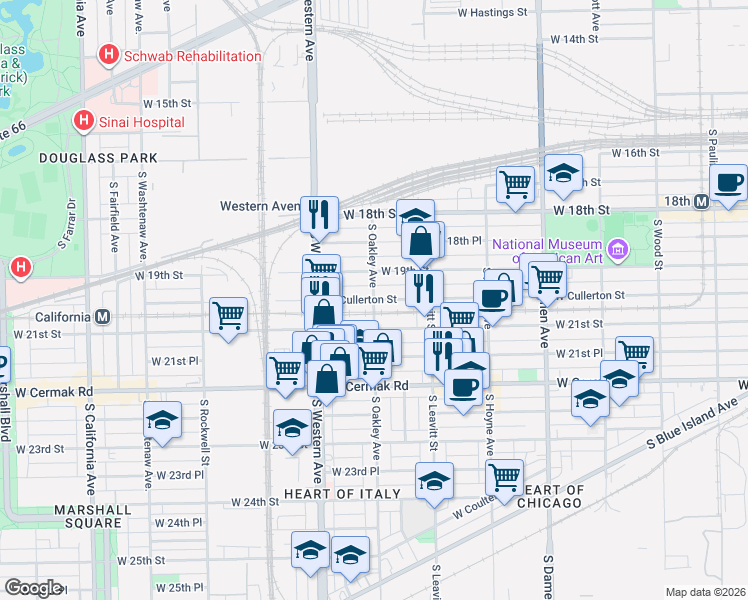 map of restaurants, bars, coffee shops, grocery stores, and more near South Oakley Avenue & West Cullerton Street in Chicago