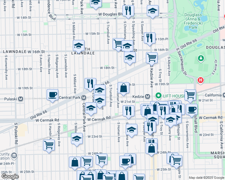 map of restaurants, bars, coffee shops, grocery stores, and more near 1931 South Trumbull Avenue in Chicago