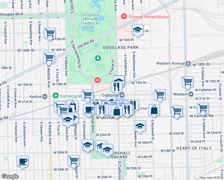 map of restaurants, bars, coffee shops, grocery stores, and more near 2004 South California Avenue in Chicago