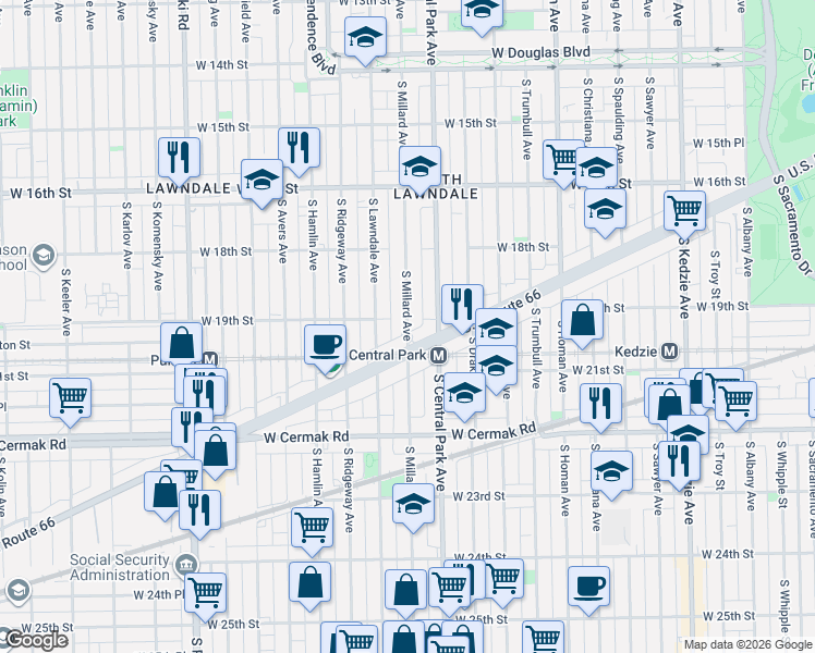 map of restaurants, bars, coffee shops, grocery stores, and more near 1919 South Lawndale Avenue in Chicago