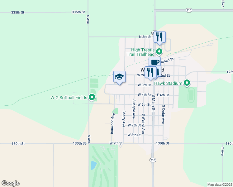 map of restaurants, bars, coffee shops, grocery stores, and more near 410 West 4th Street in Woodward