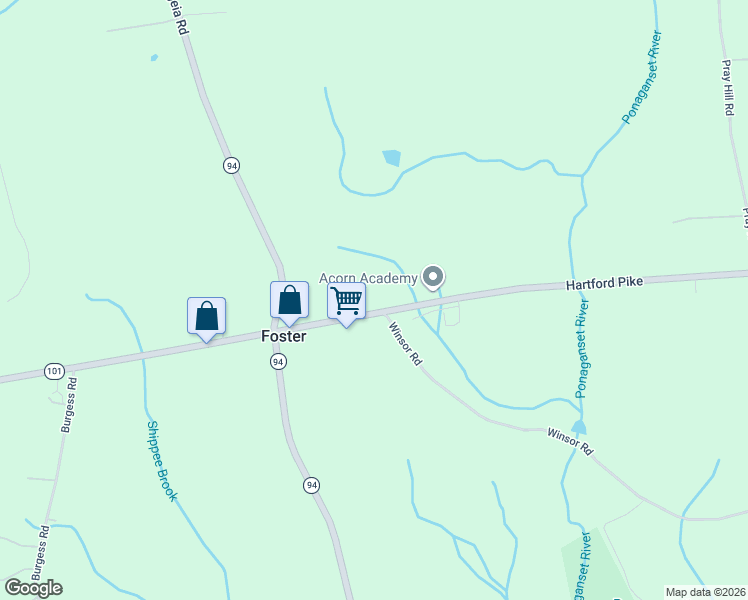 map of restaurants, bars, coffee shops, grocery stores, and more near 188 Old Hartford Pike in Foster