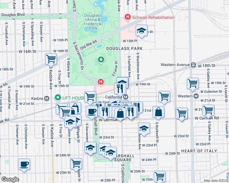 map of restaurants, bars, coffee shops, grocery stores, and more near 2004 South California Avenue in Chicago