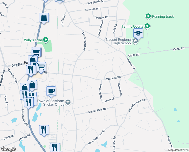 map of restaurants, bars, coffee shops, grocery stores, and more near 550 Brackett Road in Eastham
