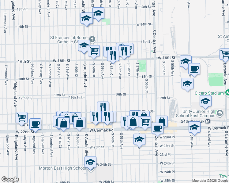 map of restaurants, bars, coffee shops, grocery stores, and more near 1836 West 19th Street in Cicero