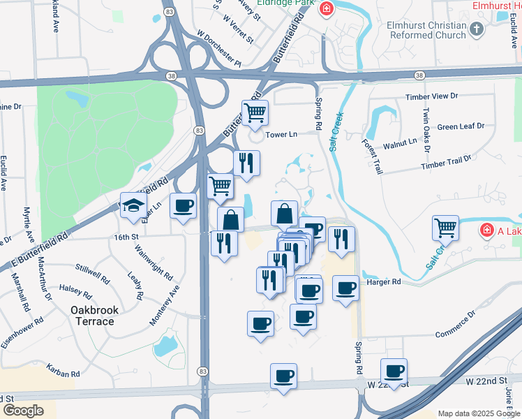 map of restaurants, bars, coffee shops, grocery stores, and more near 1400 16th Street in Oak Brook
