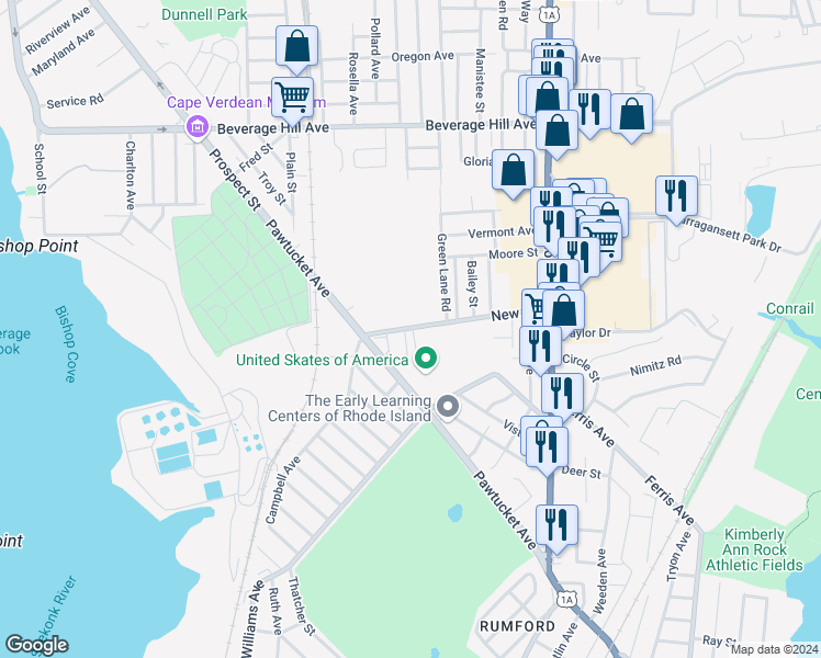 map of restaurants, bars, coffee shops, grocery stores, and more near 65 New Road in East Providence