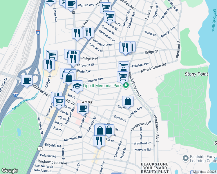 map of restaurants, bars, coffee shops, grocery stores, and more near 93 11th Street in Providence