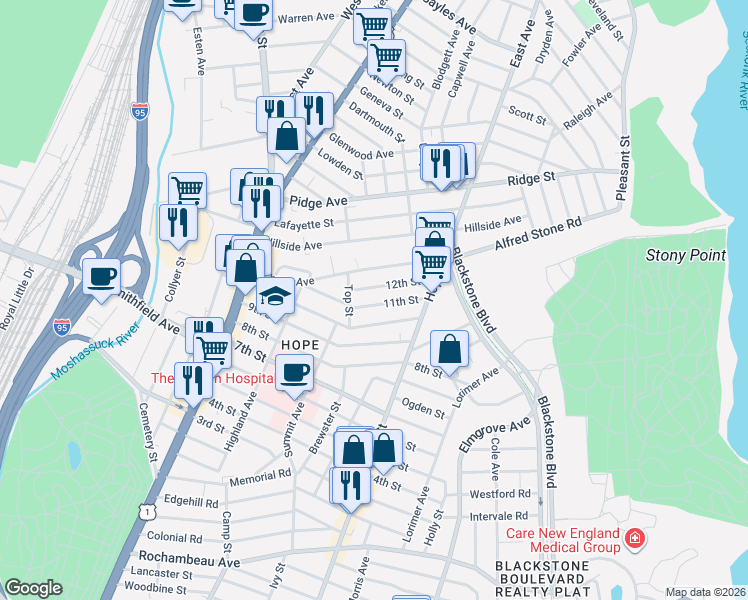 map of restaurants, bars, coffee shops, grocery stores, and more near 93 11th Street in Providence