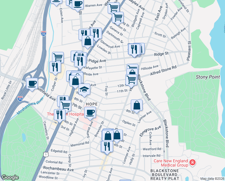 map of restaurants, bars, coffee shops, grocery stores, and more near 93 11th Street in Providence